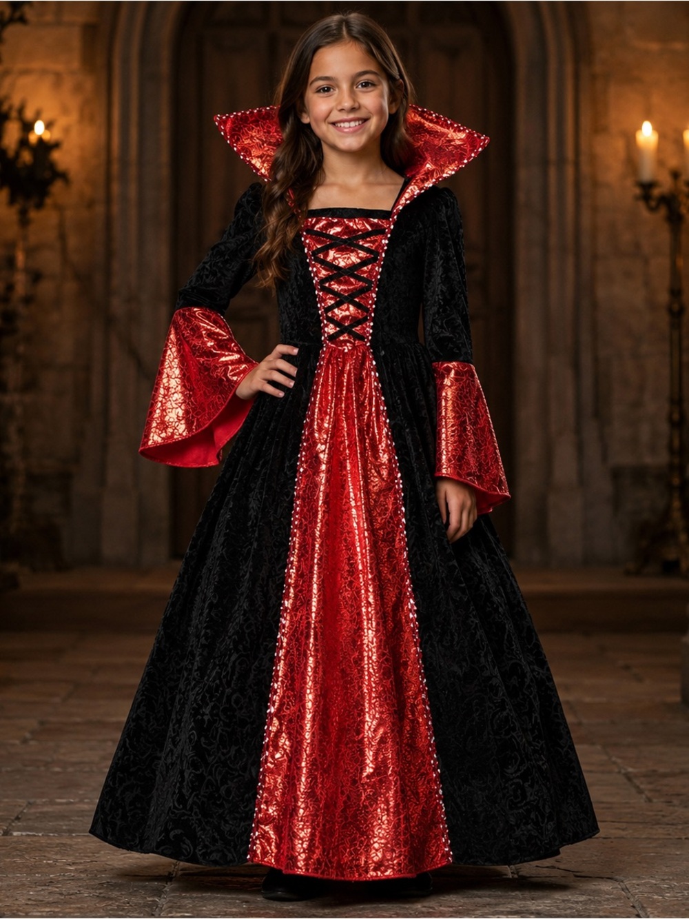 Girls Black and Red Vampire Princess Dress Costume with High Collar